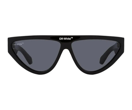 Black sunglasses with 'Off-White' logo on a white background