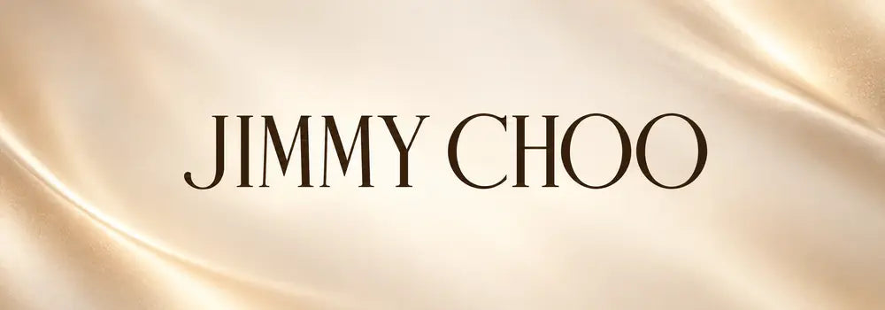 Jimmy Choo brand name displayed on an elegant champagne satin background