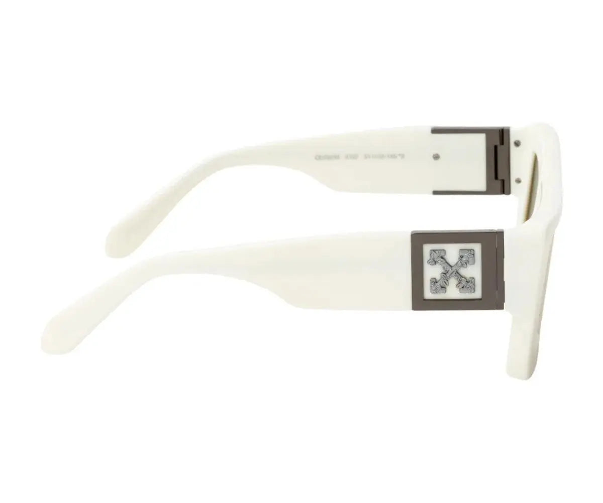 White sunglasses with a logo on a white background