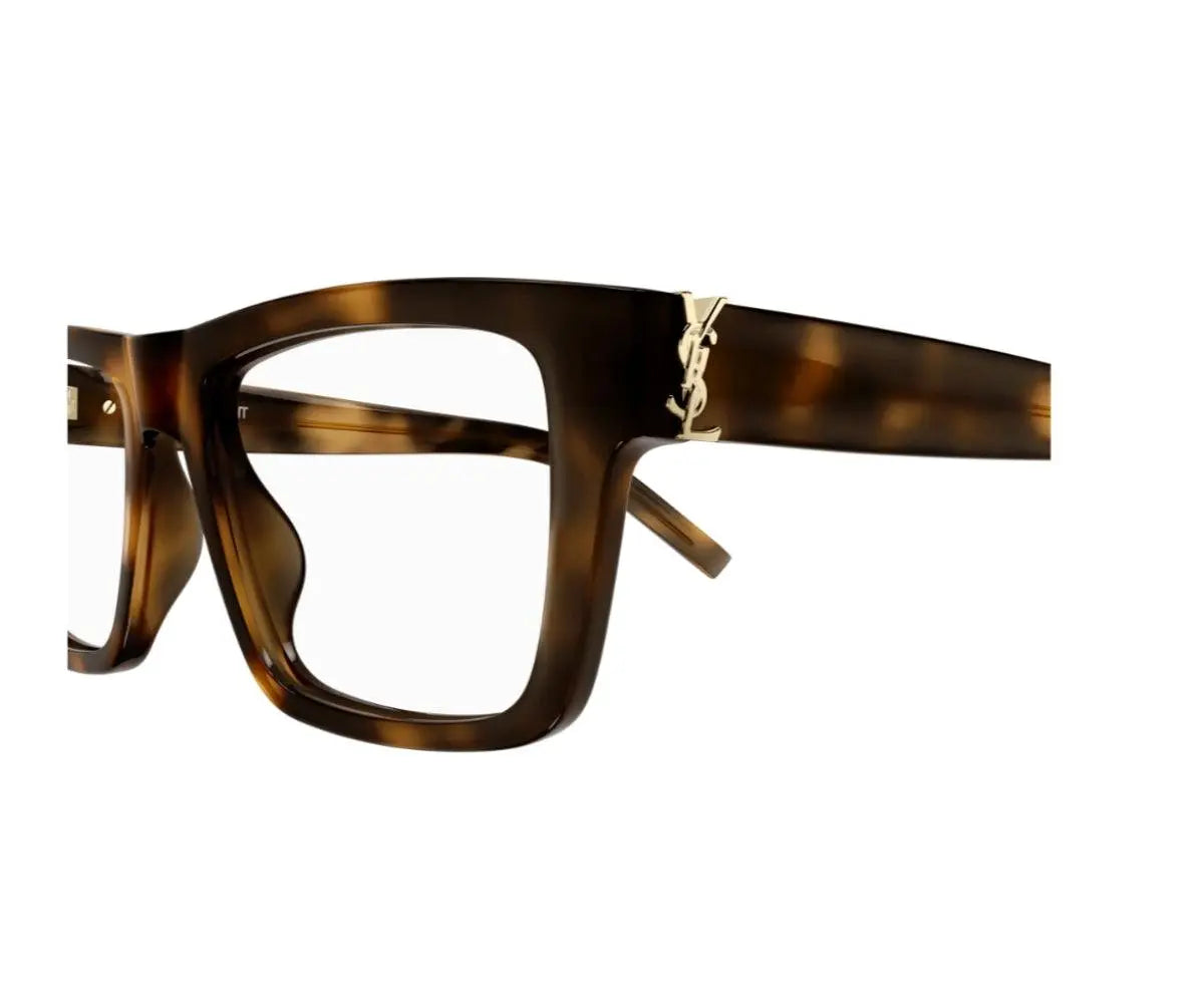 Brown tortoiseshell glasses with a brand logo on a white background