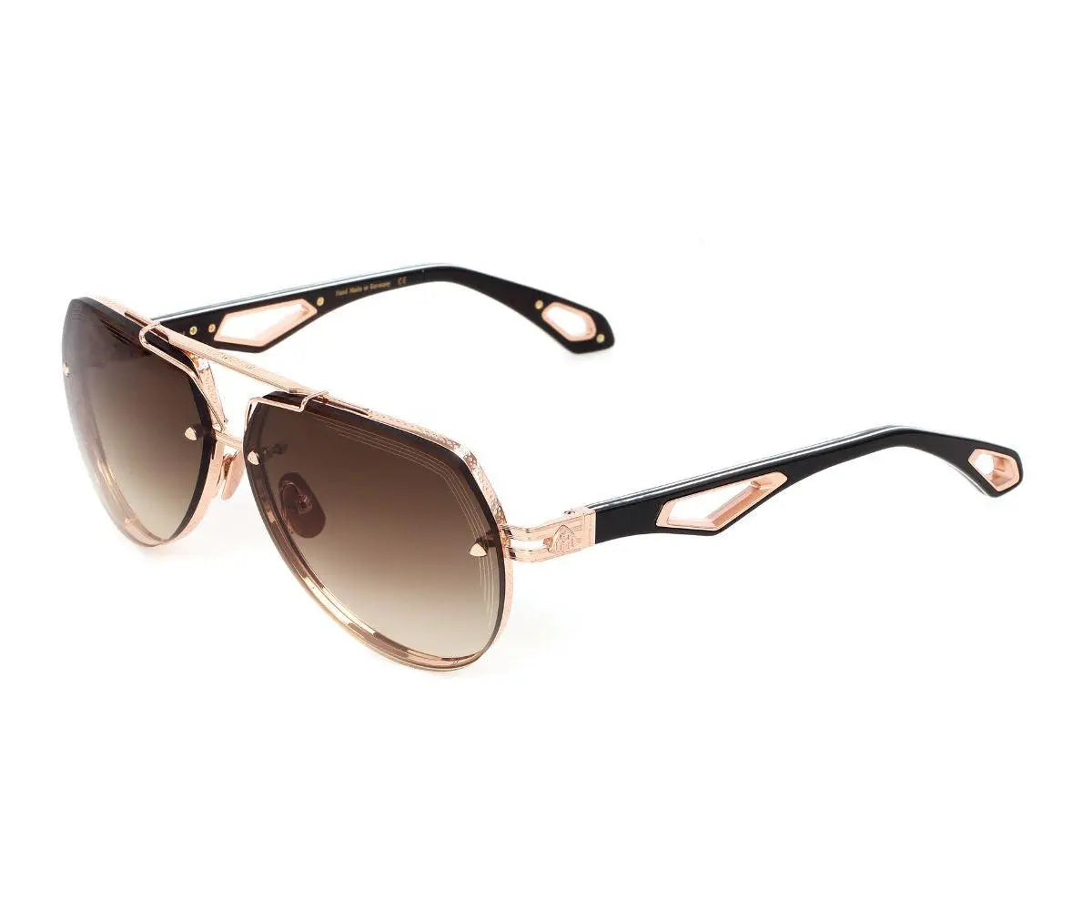 Sunglasses with rose gold frame and black accents on a white background