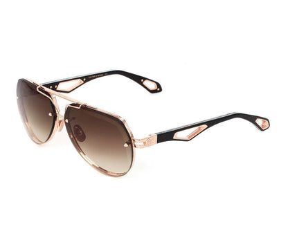 Sunglasses with rose gold frame and black accents on a white background