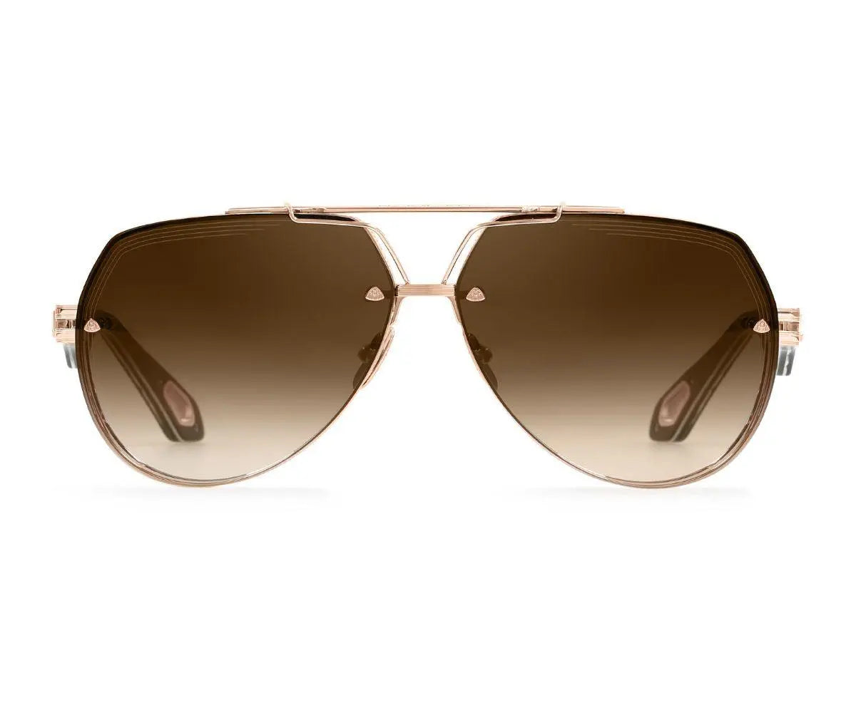 Gold-framed sunglasses with brown gradient lenses on a white background