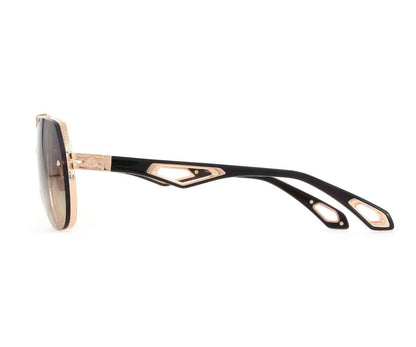 Sunglasses with black and rose gold frame on a white background