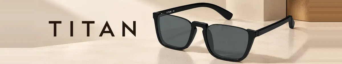 Black TITAN square sunglasses on a premium warm ivory collection banner
