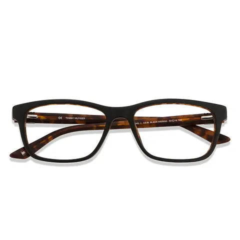 Pair of eyeglasses with a tortoiseshell frame on a white background