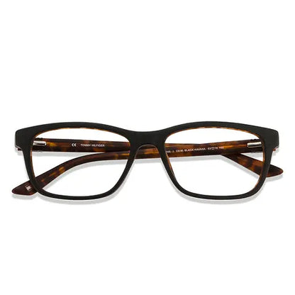 Pair of eyeglasses with a tortoiseshell frame on a white background
