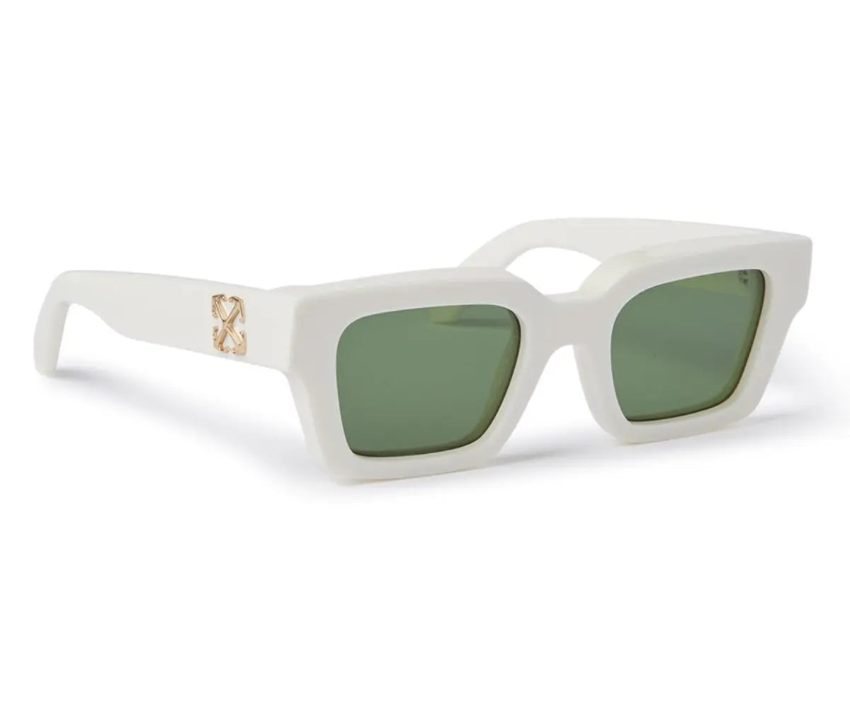 White sunglasses with green lenses on a white background